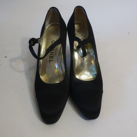 Womens Chanel Black Satin Mini Platform Mary Jane Heels 37.5 US/7 - Picture 2 of 15